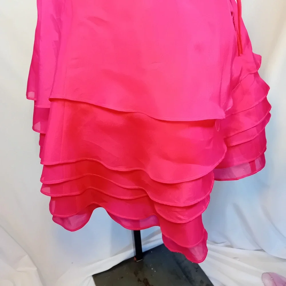 Vintage Y2K Bebe 100% Silk Mini Dress Hot Pink Ruffle One Shoulder Corset Back M - Picture 10 of 16